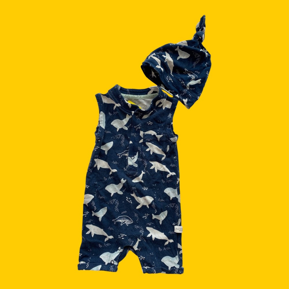 Lollipop Whale Romper/Hat 0-3m