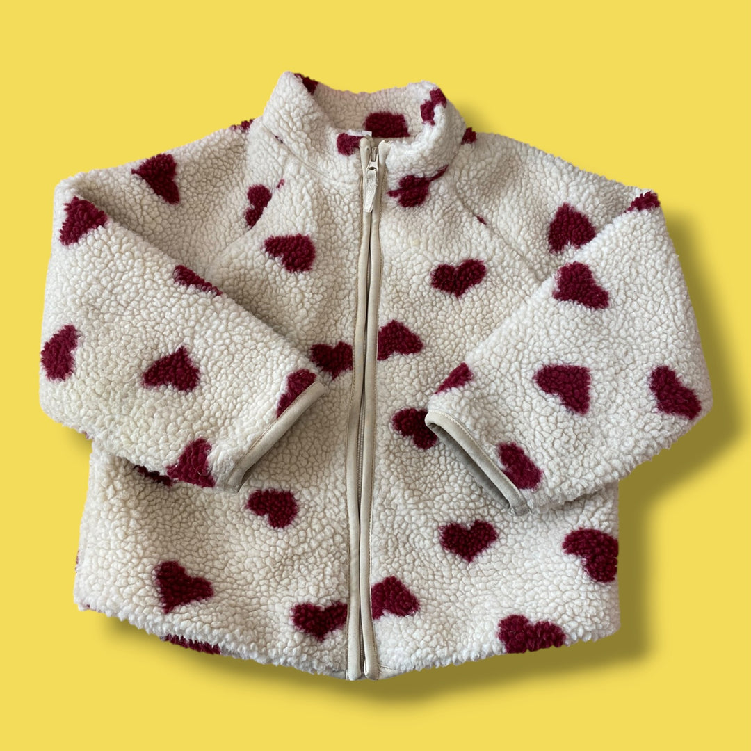 cream H&amp;M teddy heart zip up, 3-4Y