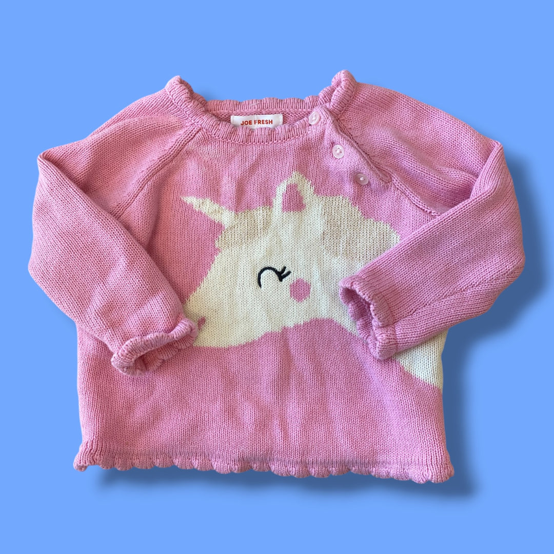Pink Joe Fresh knit unicorn sweater, 6-12m
