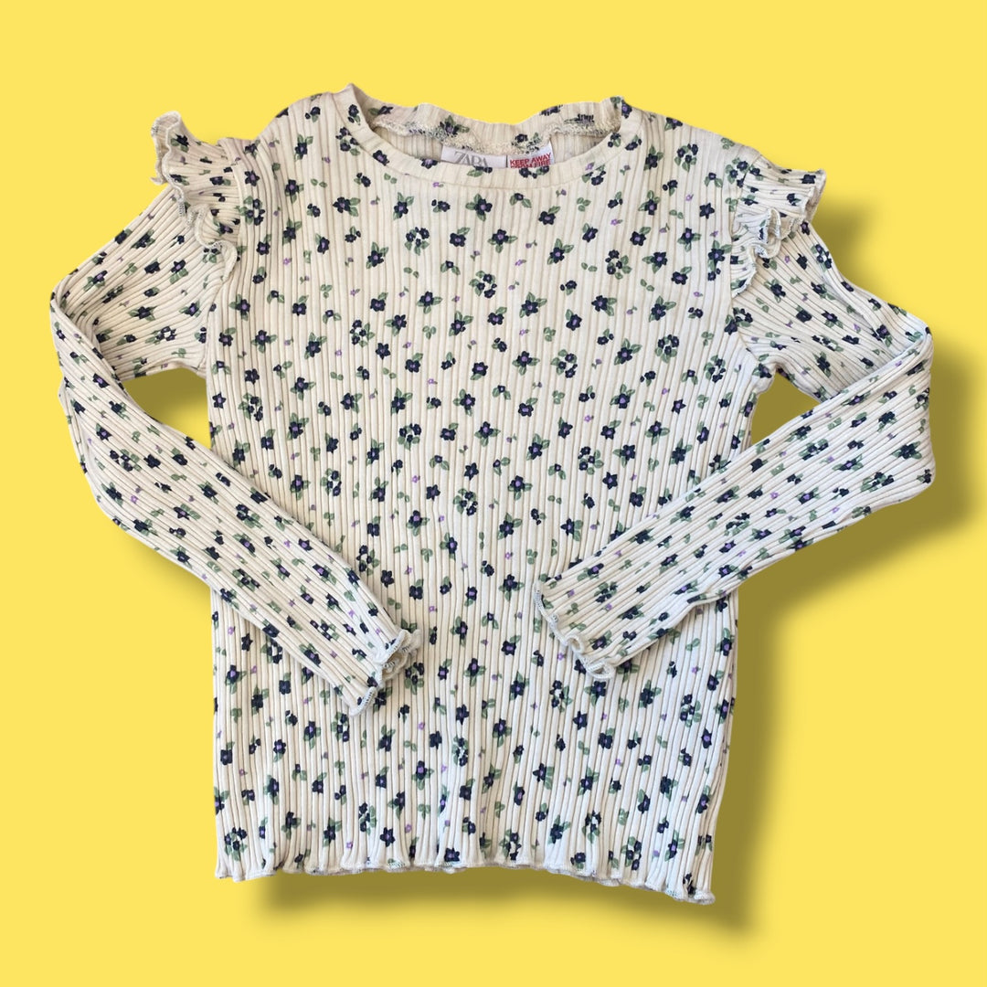 white/blue Zara ribbed floral long, 3-4Y
