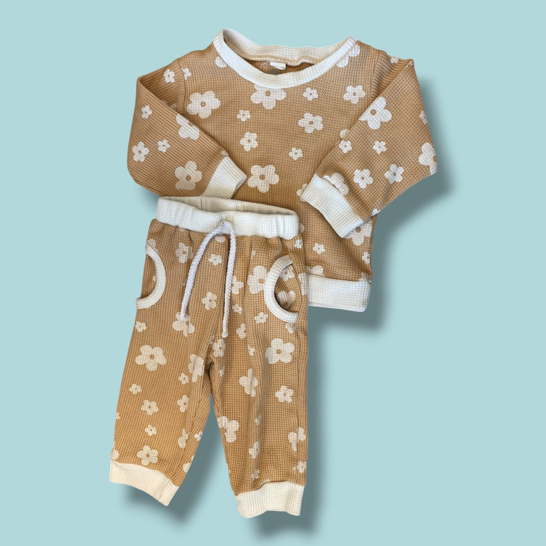 yellow  floral waffle knit set, 12-18m