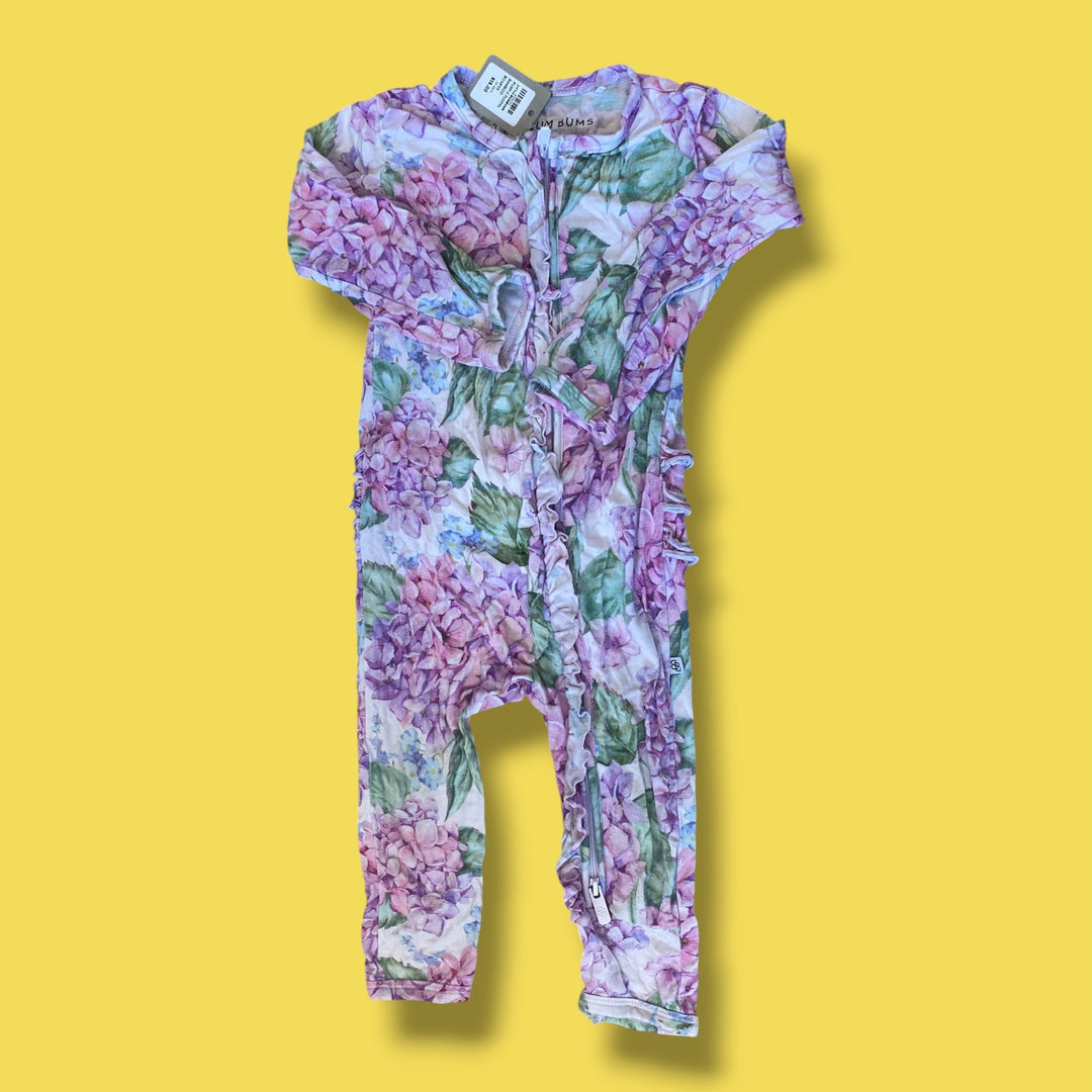 purple Little BumBums floral bamboo romper, 18-24m