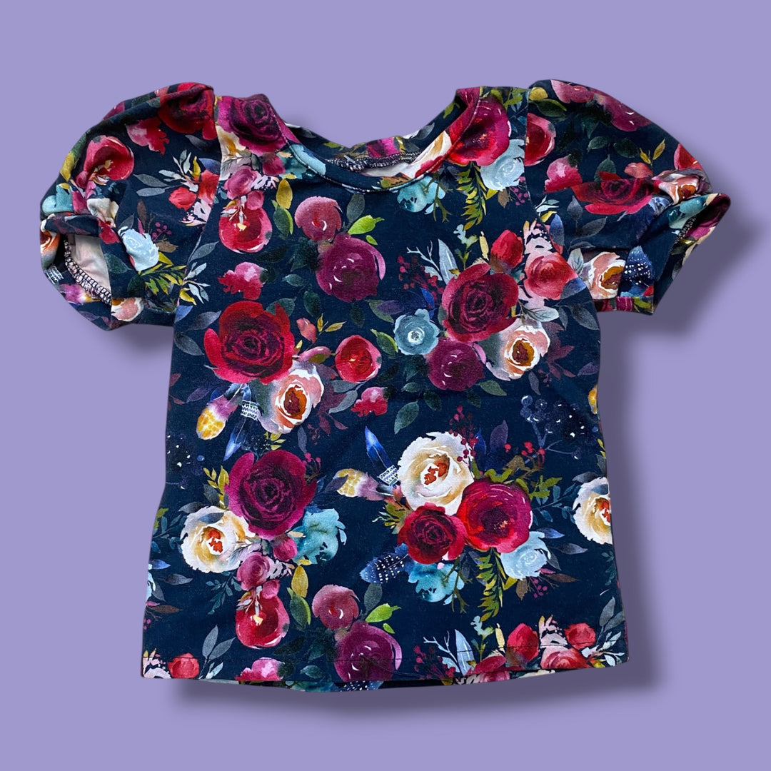 Blue small handmade floral tee, 12-18m