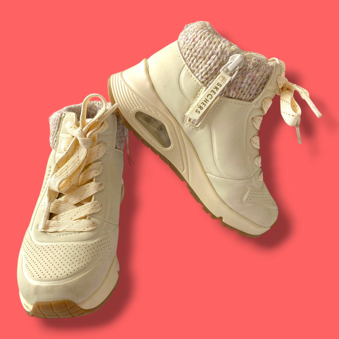 cream Sketchers knit top hightops, 11