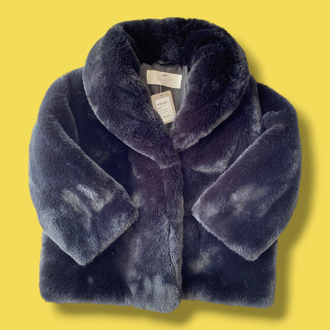 black h&amp;m faux fur jacket, 3/4Y