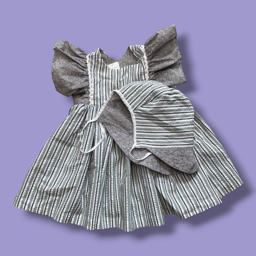 Blue handmade beautiful dress and bonnet set, 18-24m