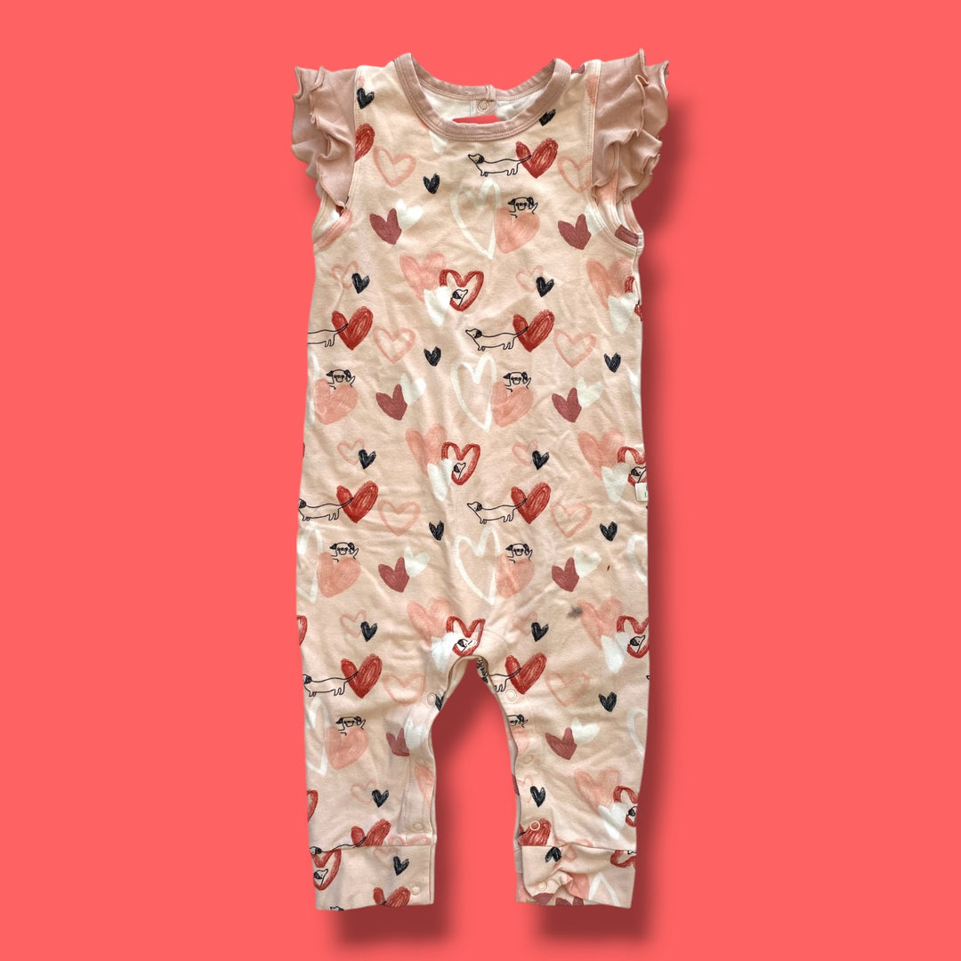 pink Loulou Lollipop dog hearts romper, 18-24m