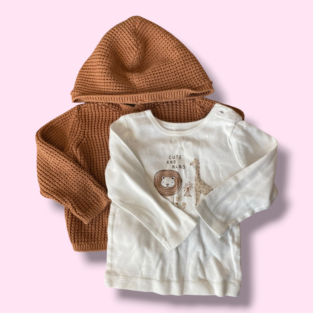 white/beige Carters sweater + long sleeve set, 12m