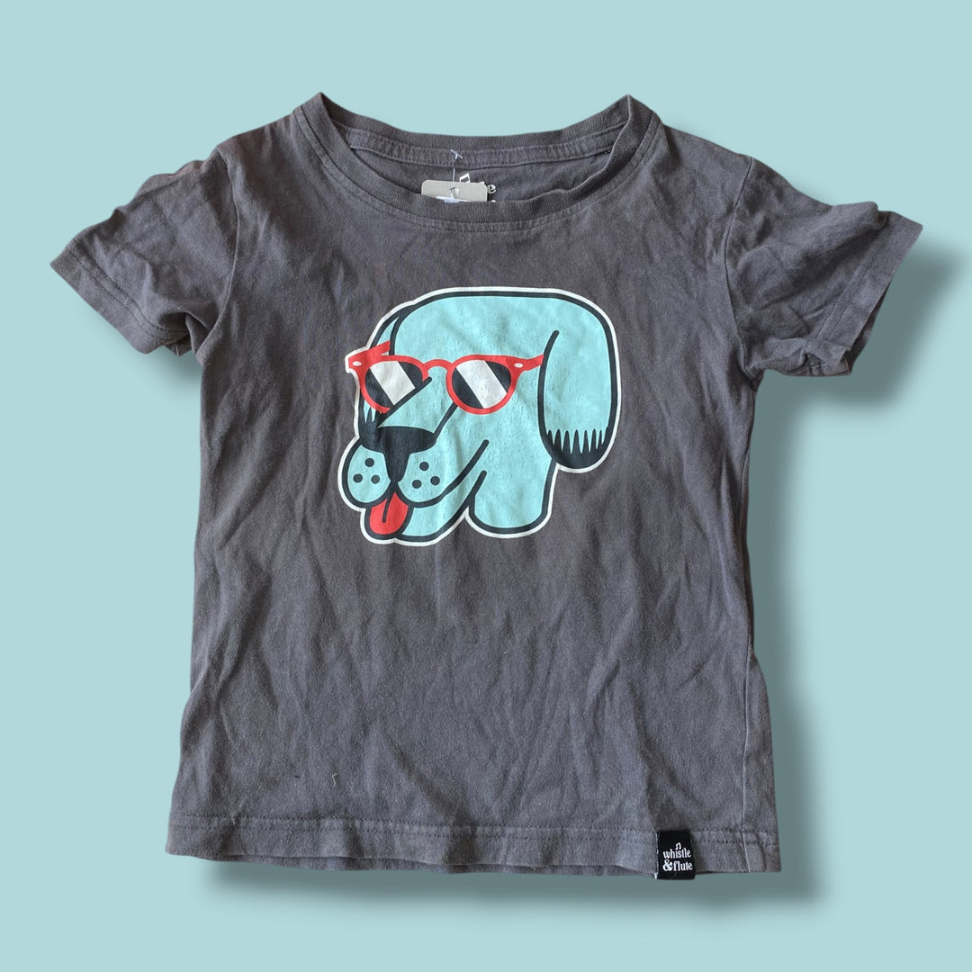 grey Whistle&amp;Flute dog graphic  tee, 3-4Y