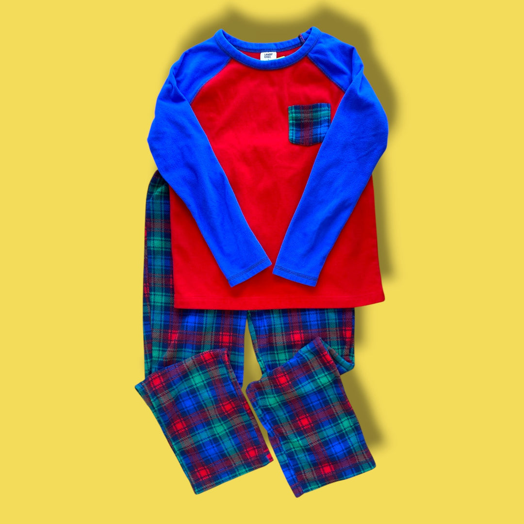 red/blue/green Lands End fleece pj set, 14Y