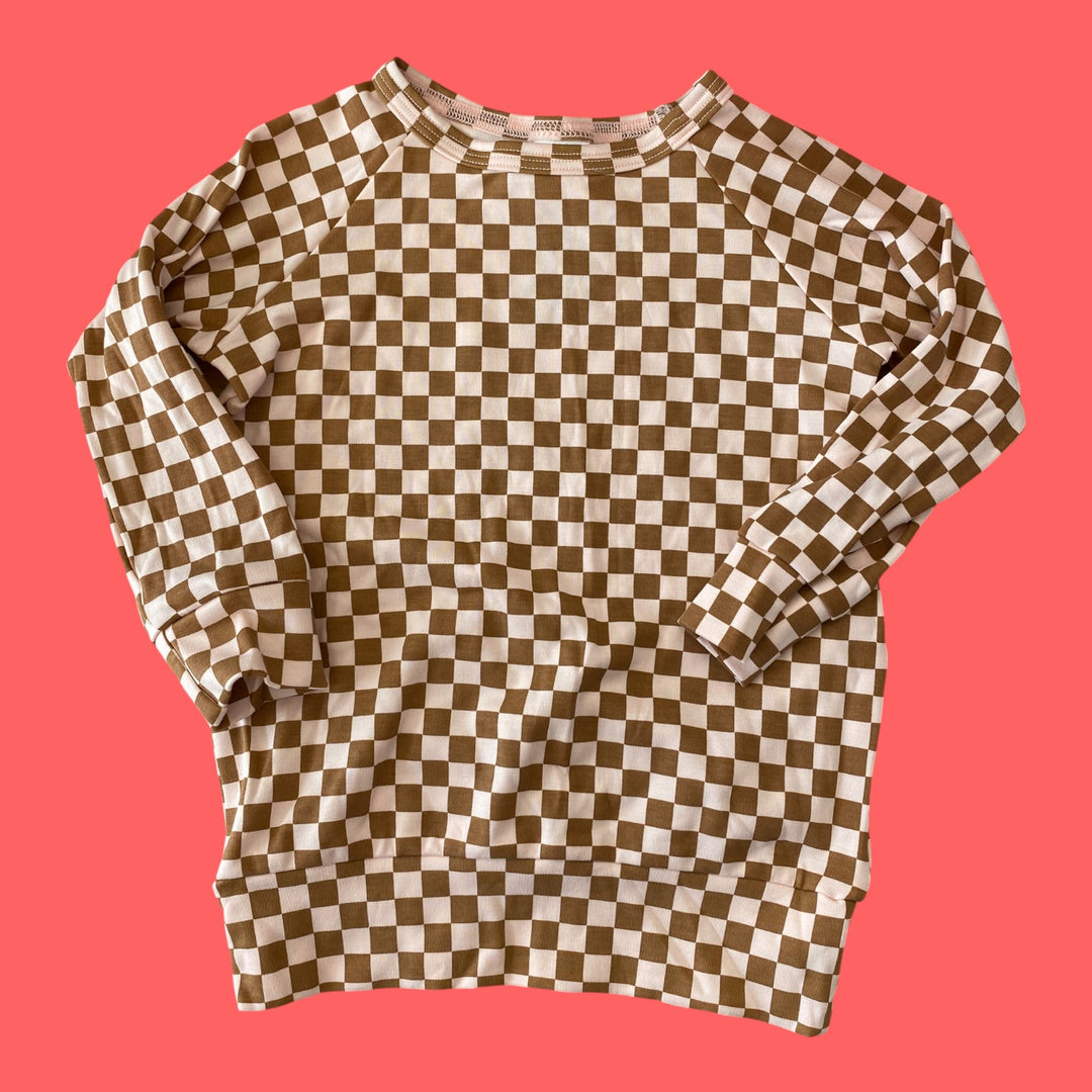 brown/pink Little &amp; Lively checkered long sleeve, 1/2y