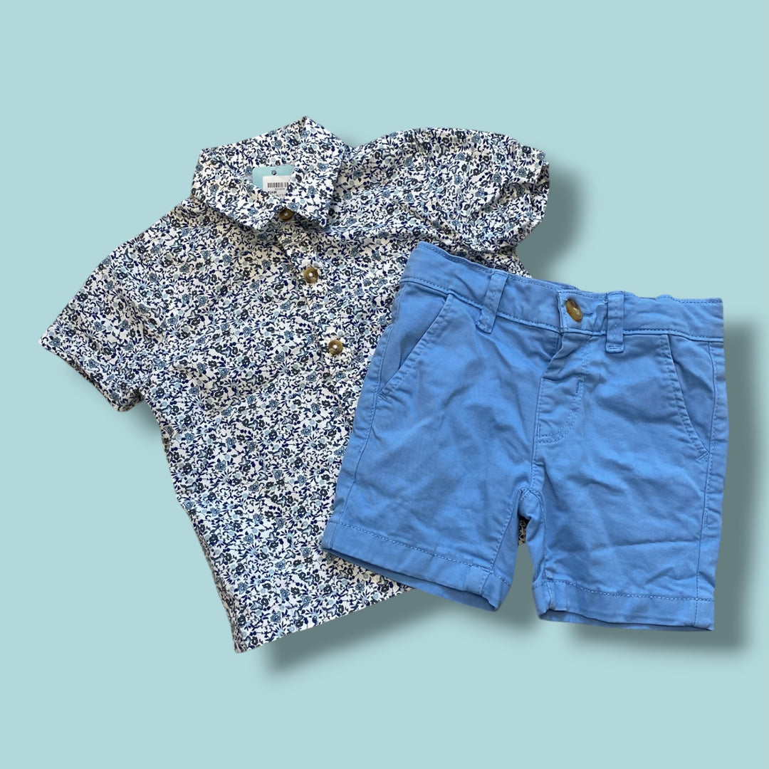 blue kiabi button tee + shorts set, 3Y
