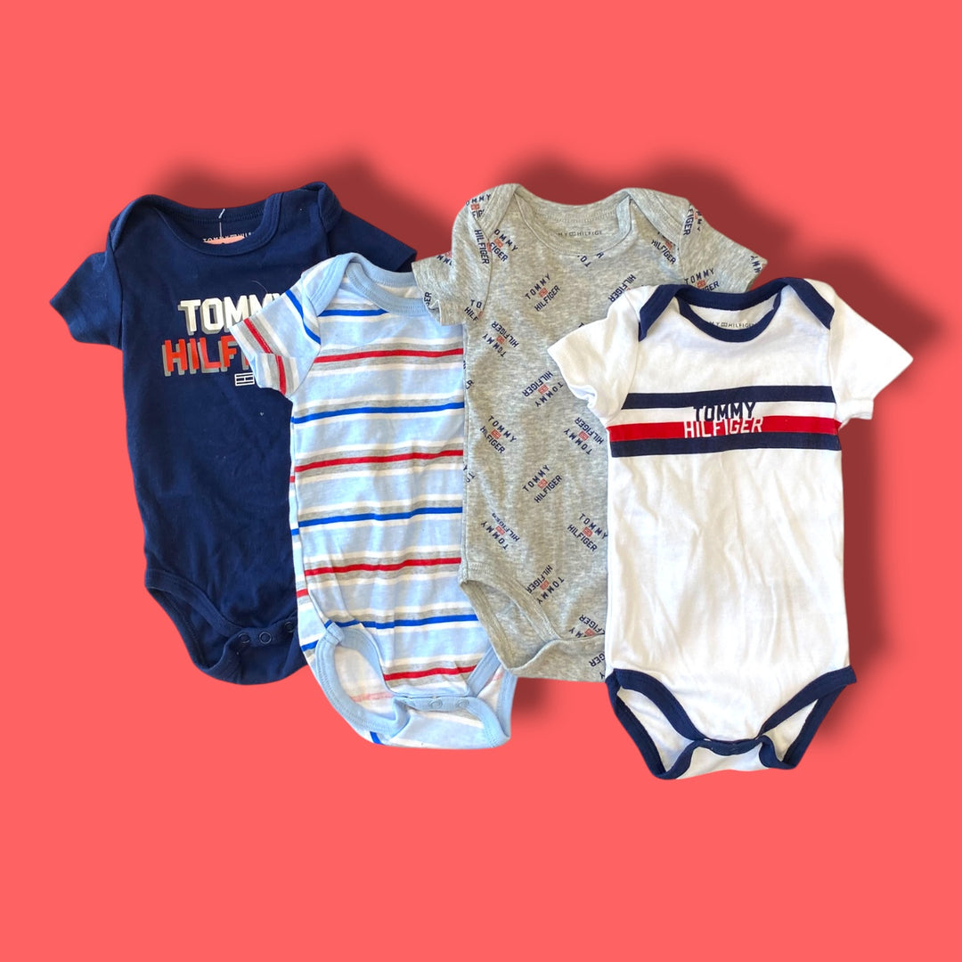 blue tommy hilfiger set of bodysuits, 3-6m