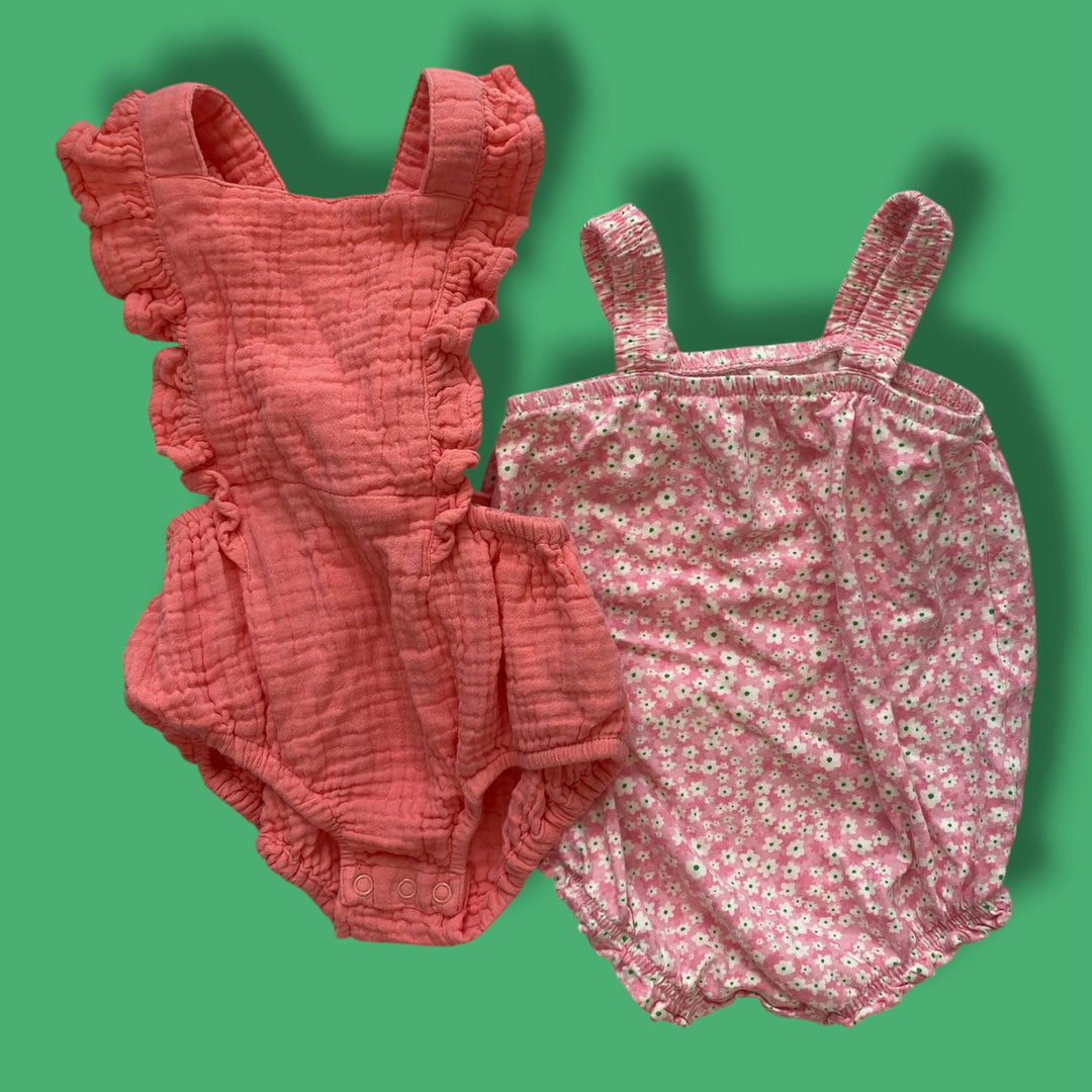 pink mixed brand set of 2 rompers, 12-18m