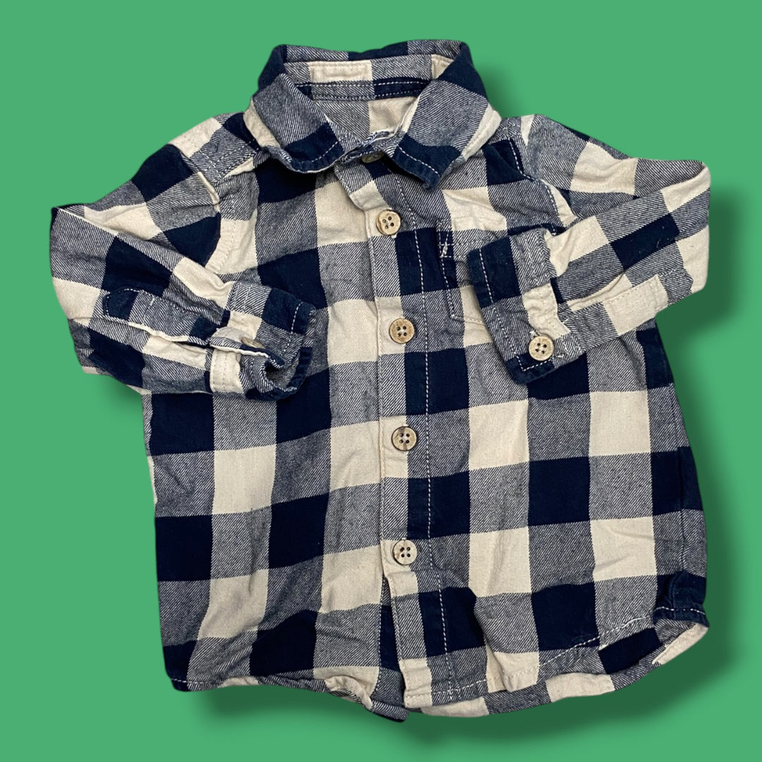 blue/beige Rise Little Earthling plaid button up, 12-18m