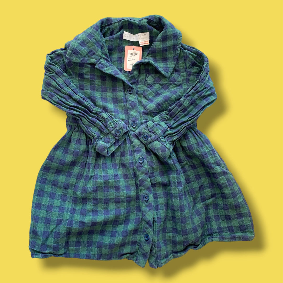 blue zara plaid dress, 2/3y