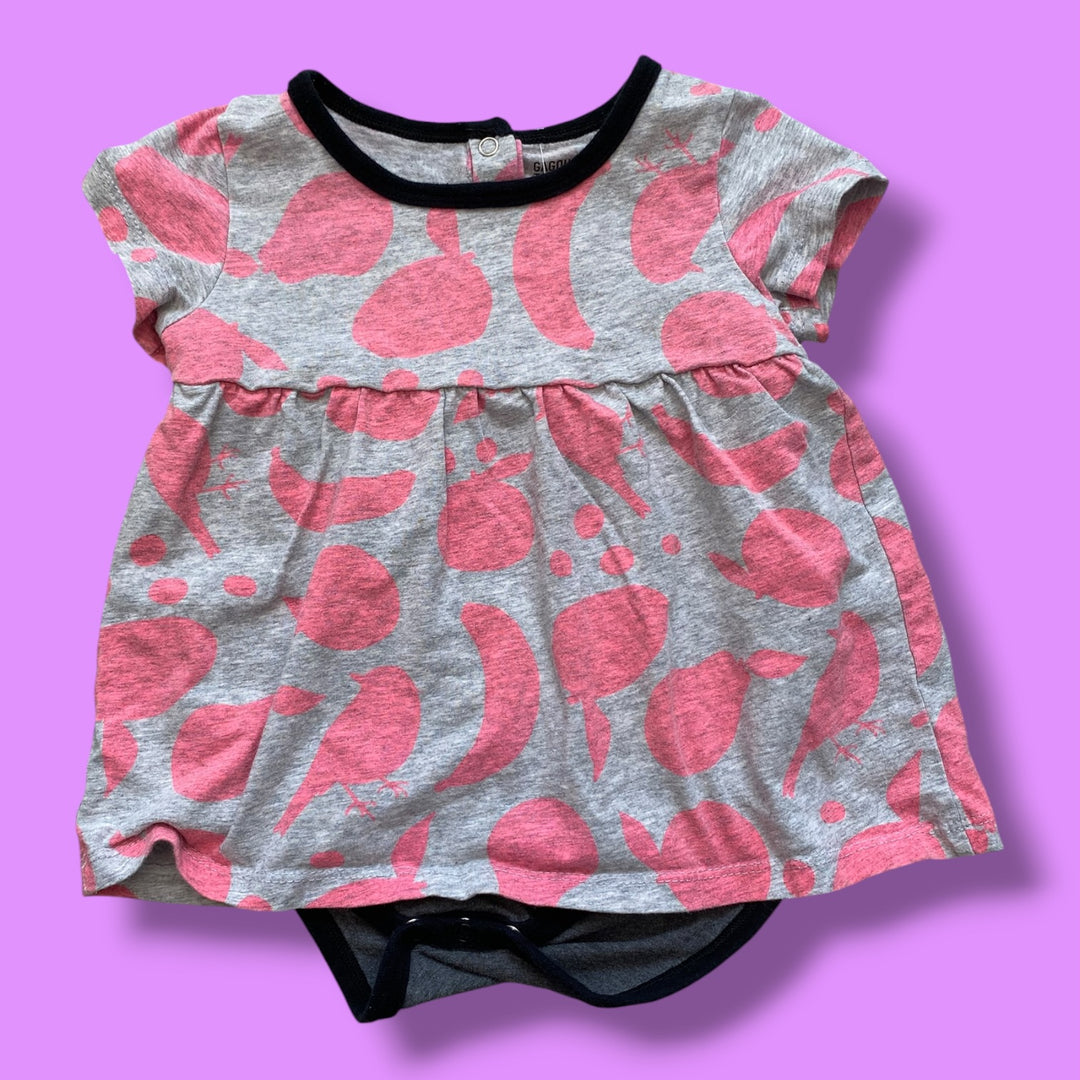 grey/pink Gagou Tagou fruit pattern bodysuit dress, 24m