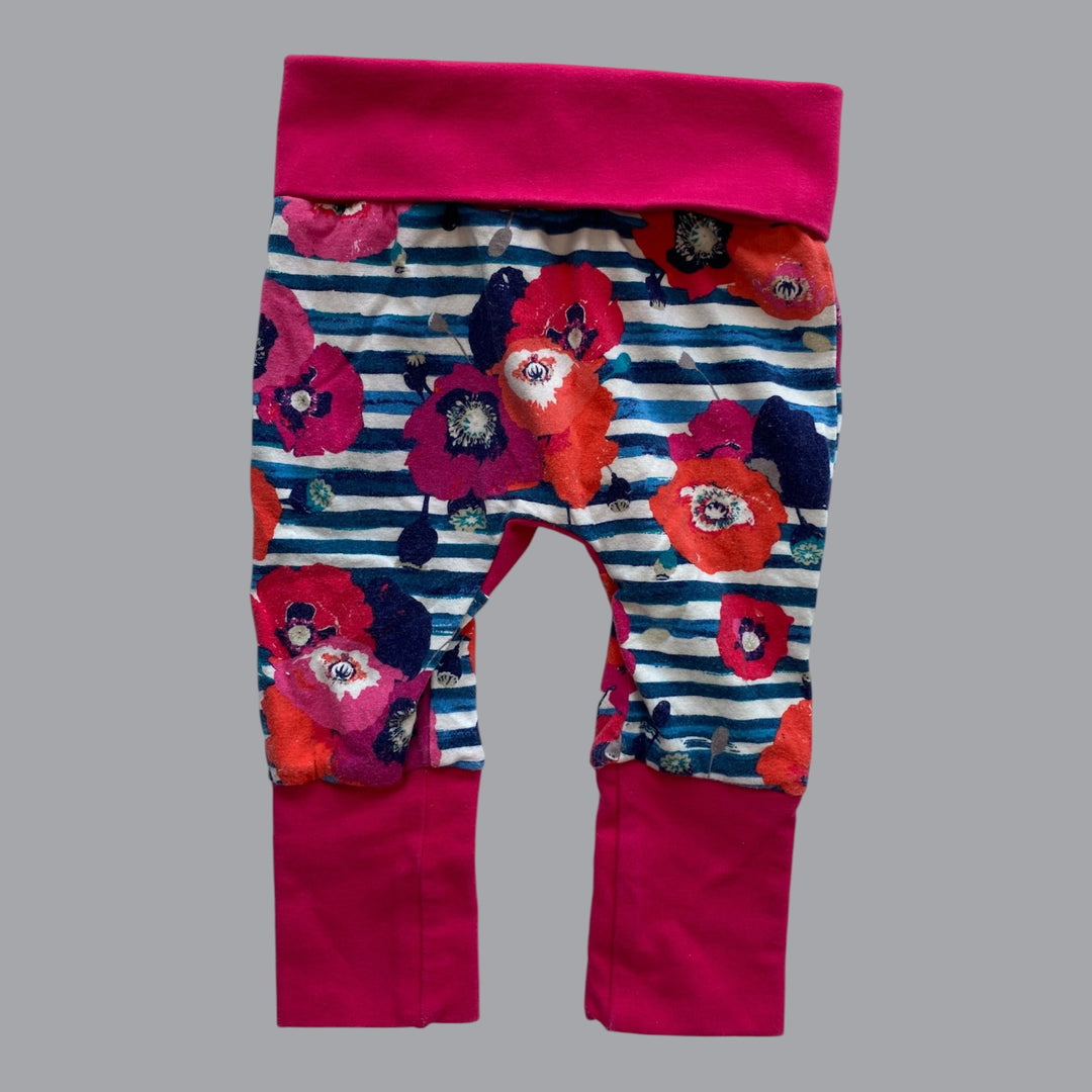 pink handmade floral grow pants, 3-6m