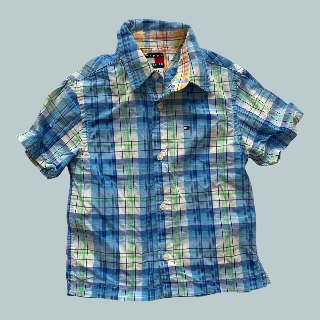 blue Tommy Hilfiger button top, 3y