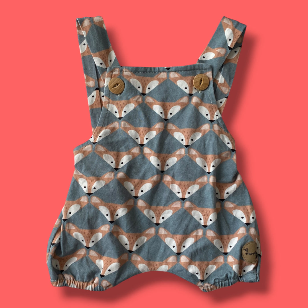 blue handmade fox romper, 0-6m