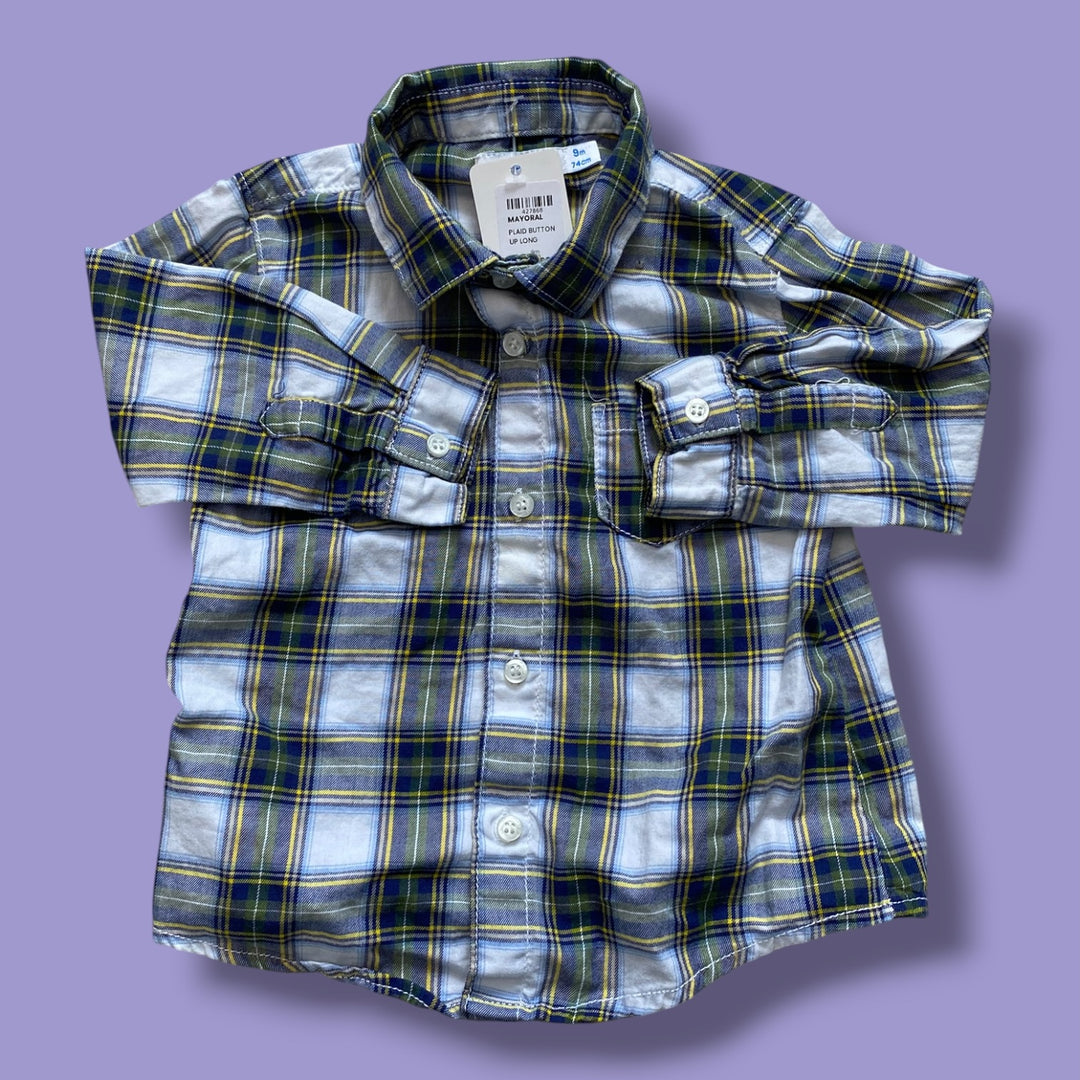 Plaid Mayoral button up long, 9m