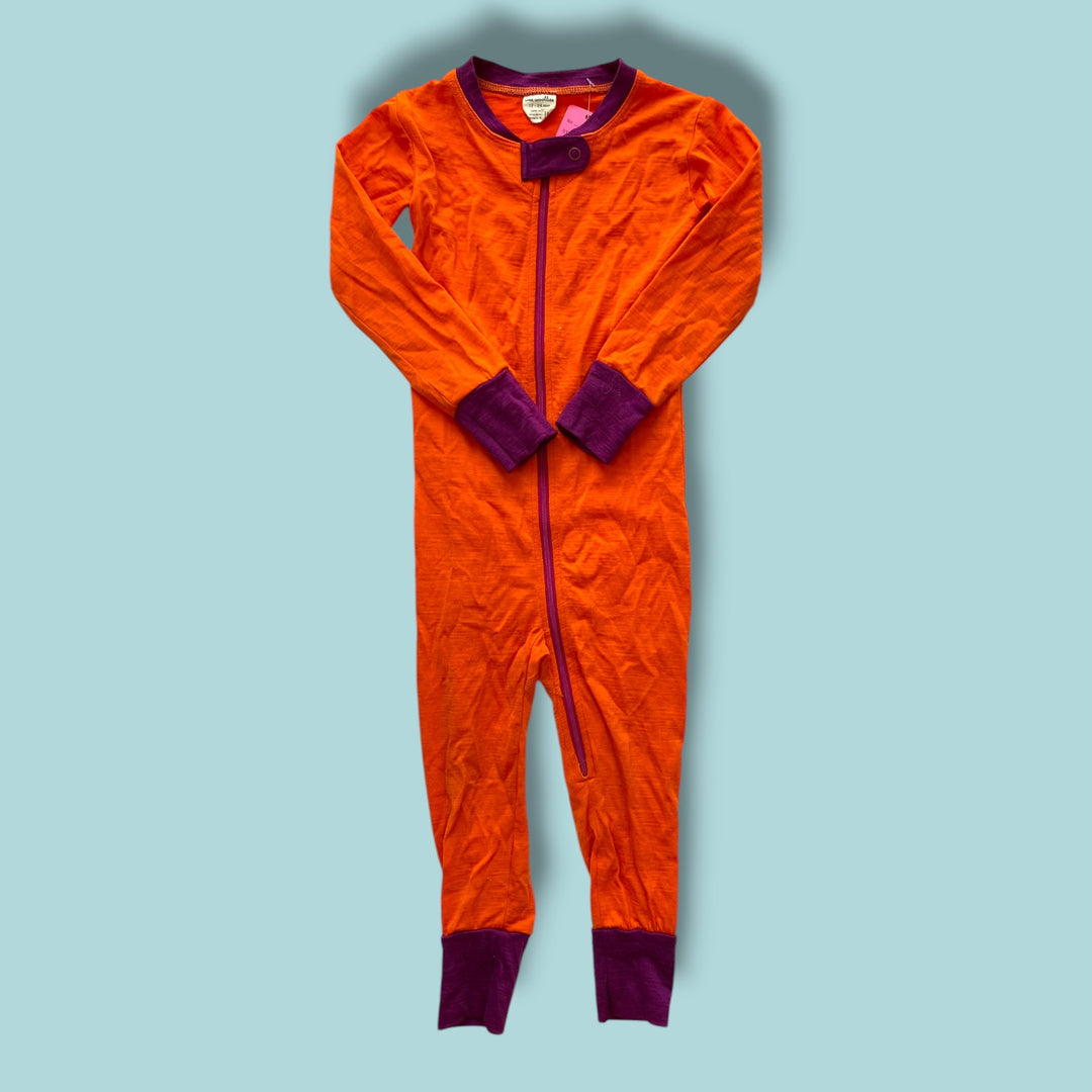 orange wee woolies merino wool romper, 12-18m