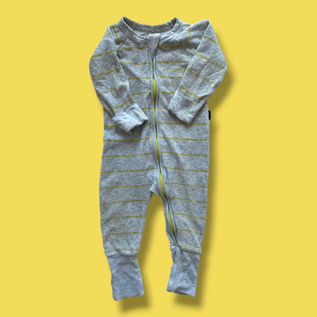 grey Bonds striped terry sleeper fits large, 6-12m