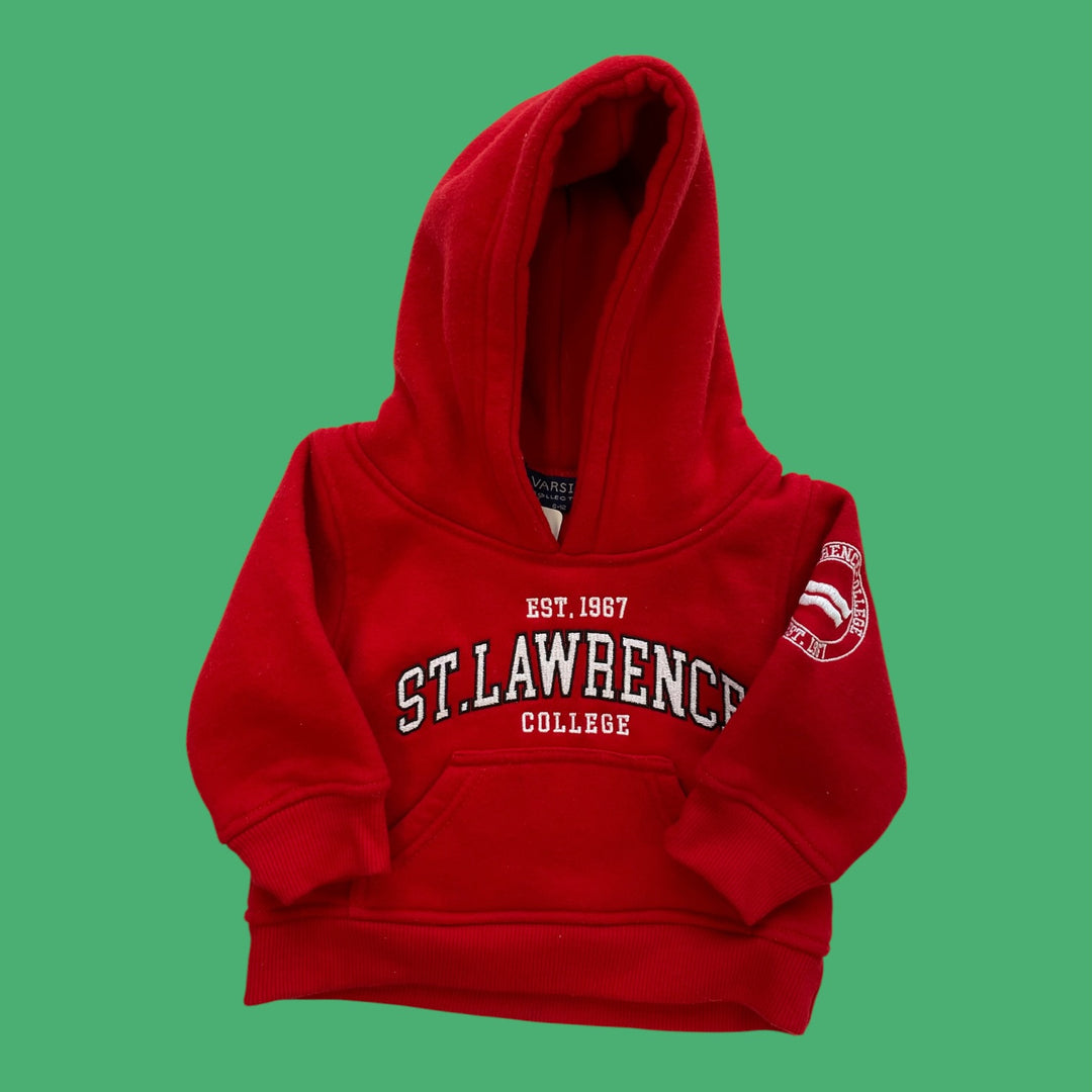 red  st laurence hoodie, 6-12m